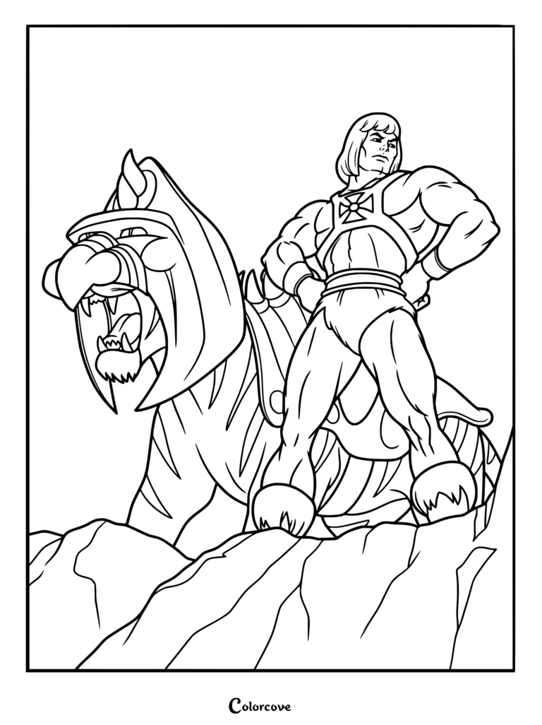 He-Man standing heroically next to his armored tiger Battle Cat in this printable coloring page.