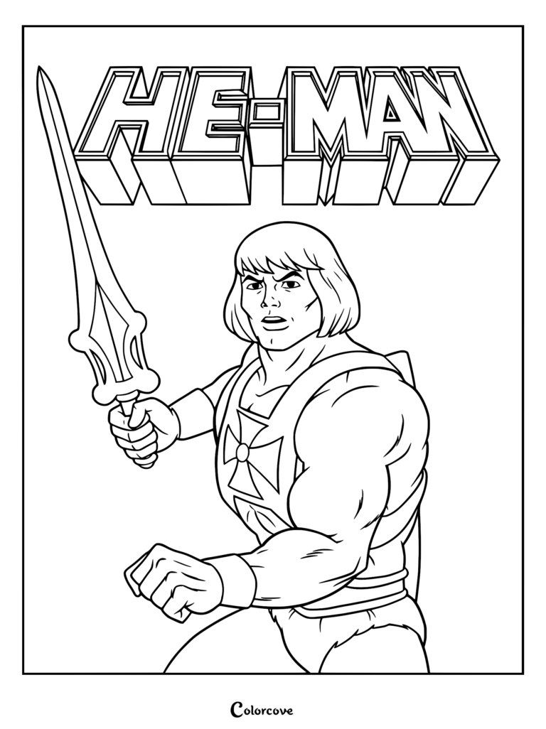 He-Man holding his Power Sword aloft in a heroic pose, featured on a printable coloring page with the He-Man logo above him.