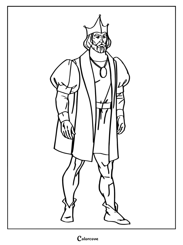 King Randor from Masters of the Universe wearing a crown and royal tunic in a printable coloring page.