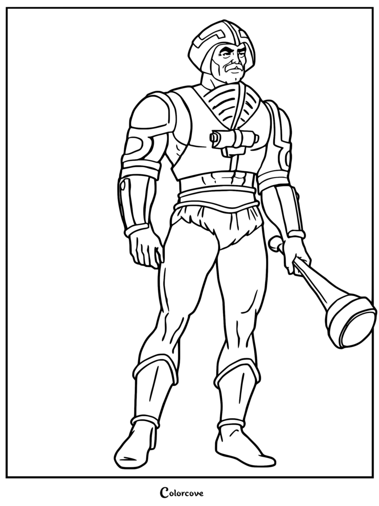 Man-At-Arms from Masters of the Universe wearing his signature helmet and chest armor, holding a mace, printable coloring page.