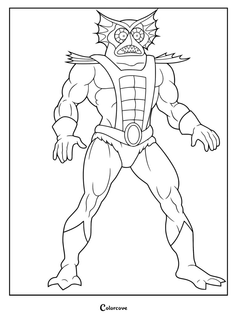 Mer-Man standing in a powerful pose, featuring his signature aquatic head fins, chest armor, and webbed feet in this printable coloring page.