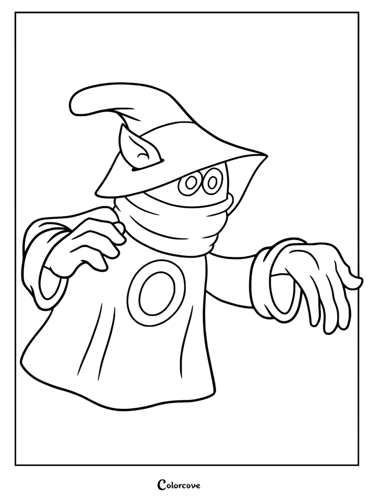 Orko wearing his signature wizard hat and scarf in a printable coloring page format.