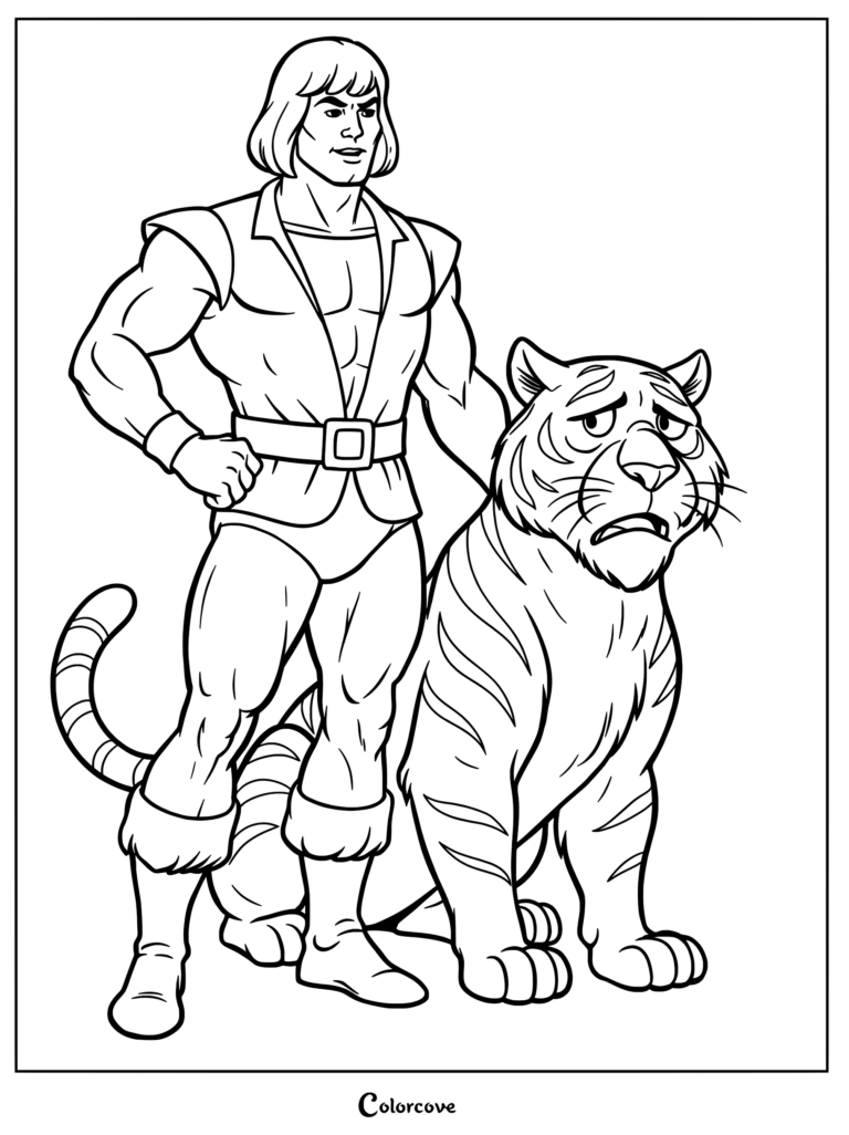 Prince Adam standing next to his timid pet tiger Cringer in this printable coloring page.