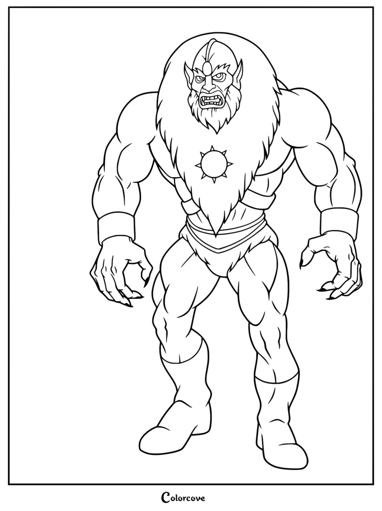 A detailed line art coloring page of Grizzlor from Masters of the Universe, showing his muscular physique, thick fur mane, and sun emblem chest piece.