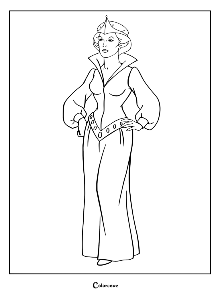 Queen Marlena from Masters of the Universe wearing her royal gown and crown in a printable coloring page.