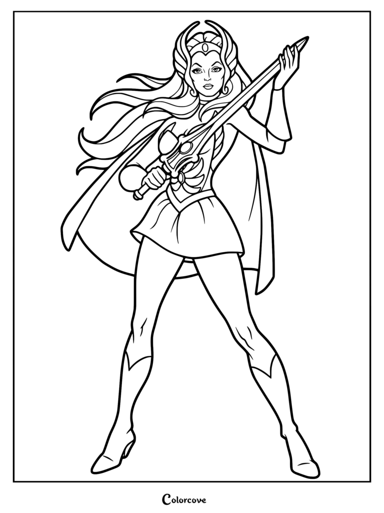 She-Ra standing tall with long flowing hair, wearing her iconic winged tiara and cape while holding the Sword of Protection in this printable coloring page.