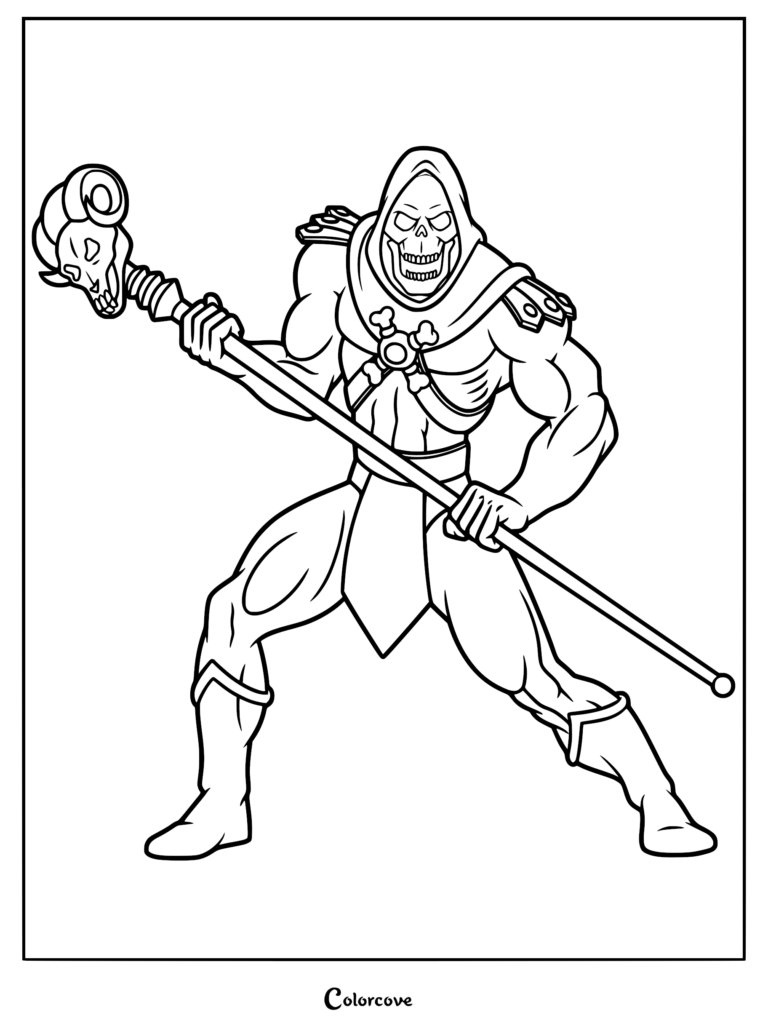 Skeletor standing in a battle stance holding his iconic ram-headed Havoc Staff, printable coloring page for kids.