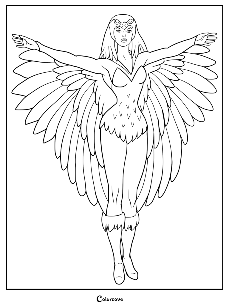 The Sorceress of Castle Grayskull with large feathered wings spread wide in a coloring page format.