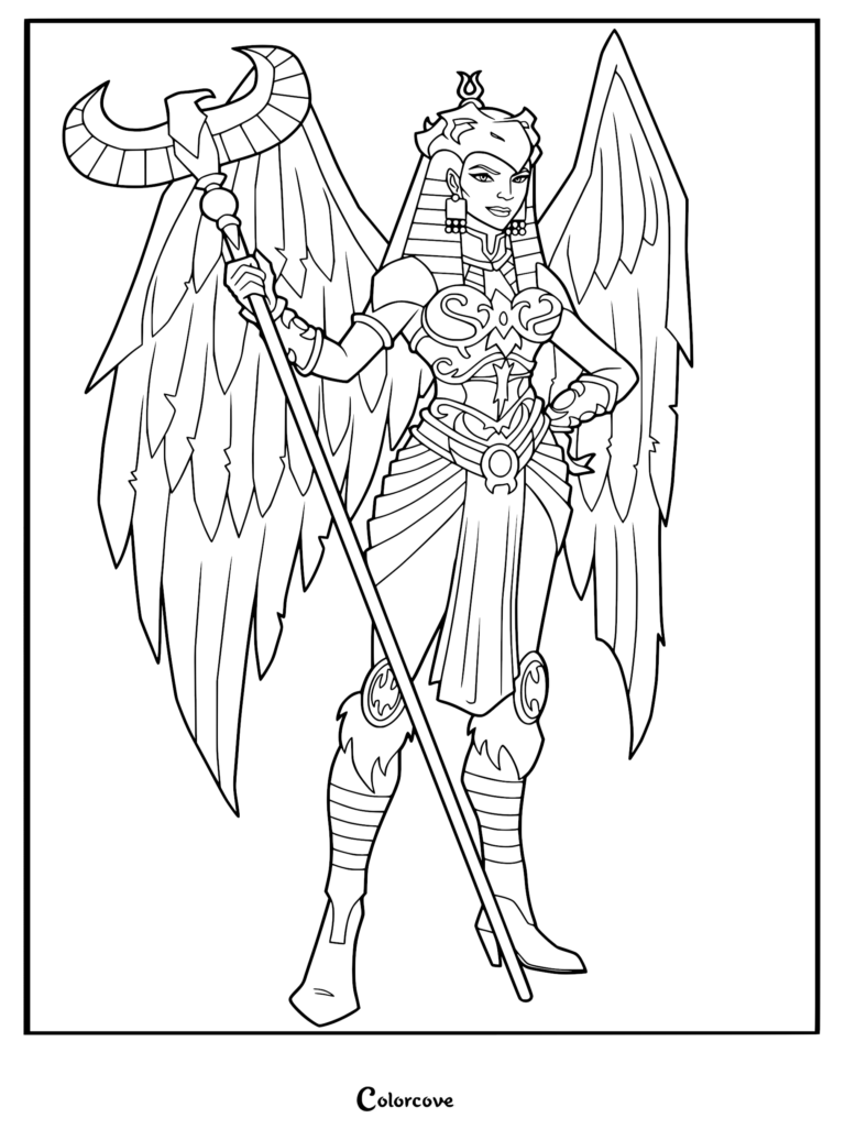 The Sorceress of Castle Grayskull holding her staff with large wings spread out in this detailed printable coloring page.