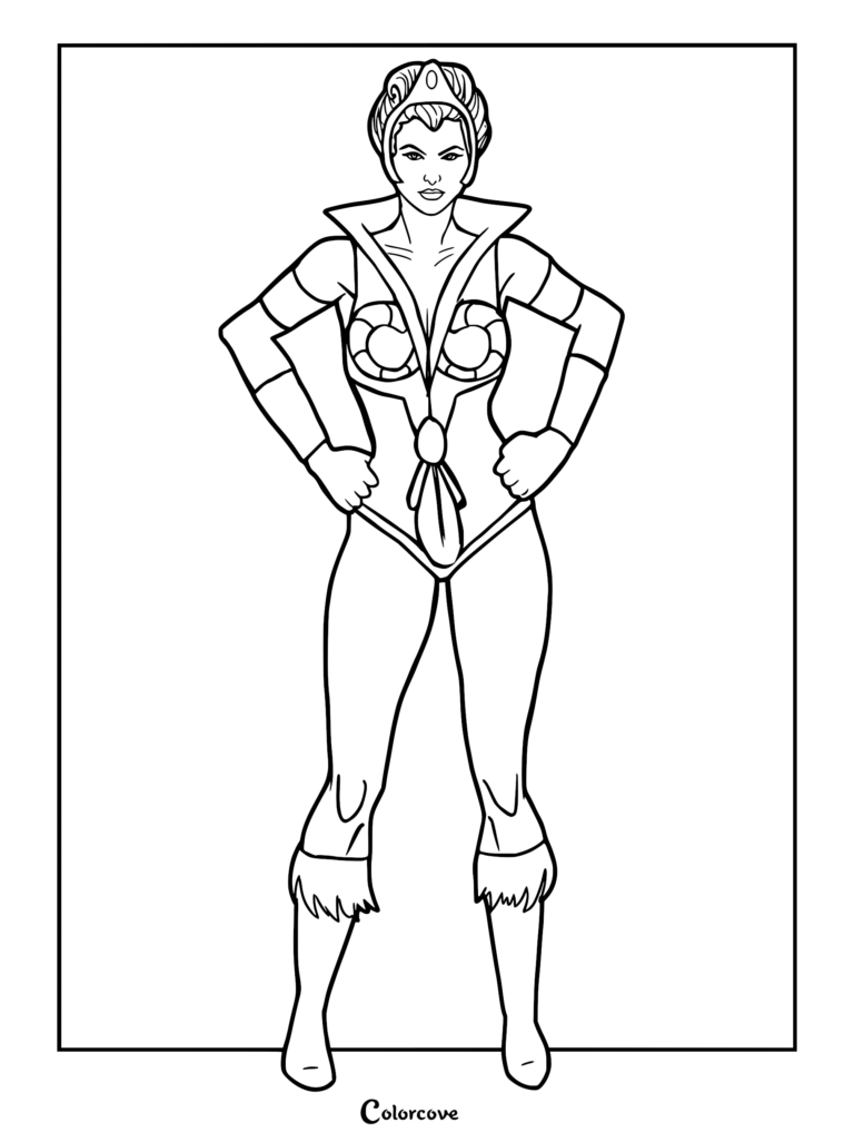 Teela from Masters of the Universe standing with hands on hips in a detailed line art coloring page.