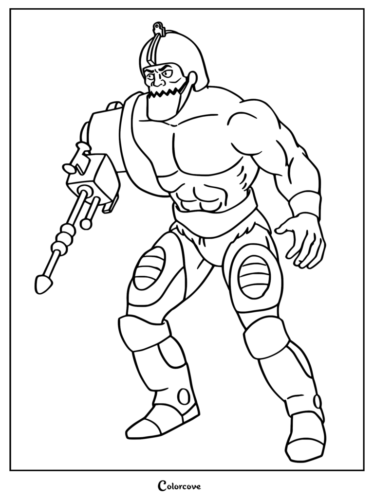 Trap Jaw from Masters of the Universe with his mechanical arm attachment in a dynamic stance, printable coloring page.