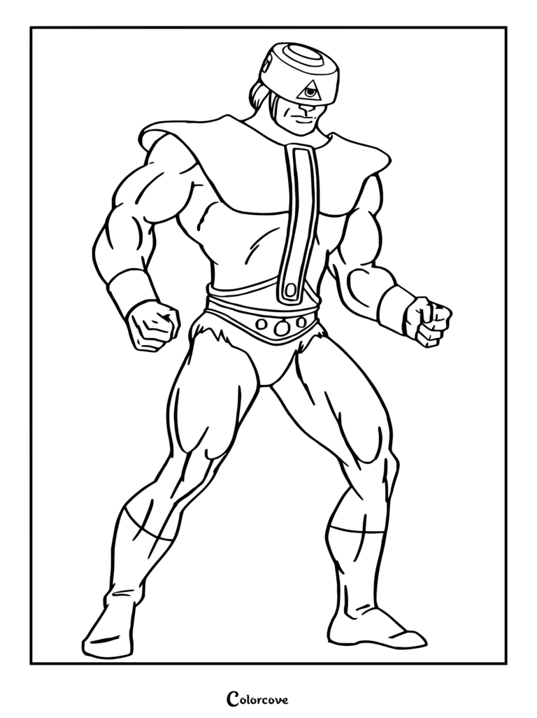 Tri-Klops from Masters of the Universe standing in a powerful pose, wearing his signature rotating visor helmet and chest armor, detailed line art coloring page.