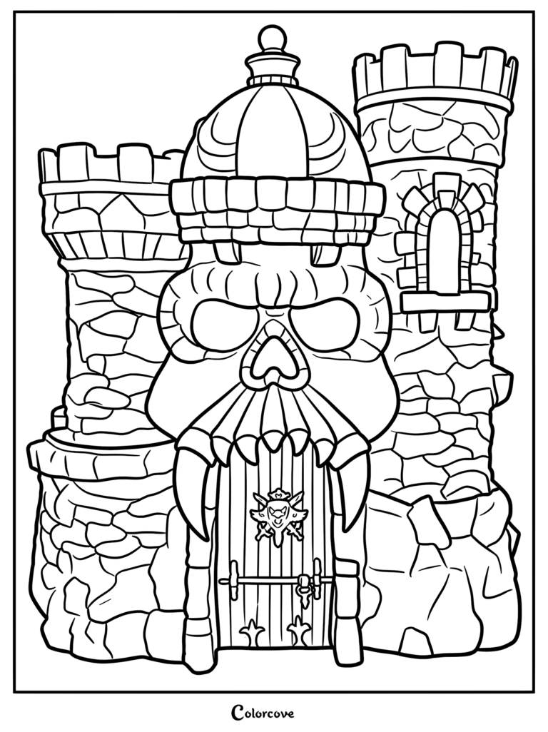 A detailed line art coloring page of the Castle Grayskull exterior, featuring the iconic skull-shaped entrance, stone towers, and the central gate with the Masters of the Universe emblem.