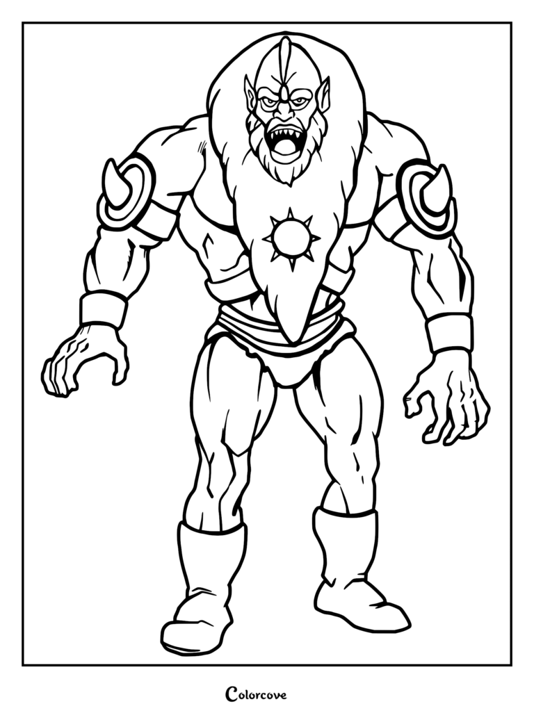 Beast Man from Masters of the Universe standing in a powerful pose, featuring his signature fur mane, spiked shoulder armor, and clawed hands, ready for a printable coloring page.