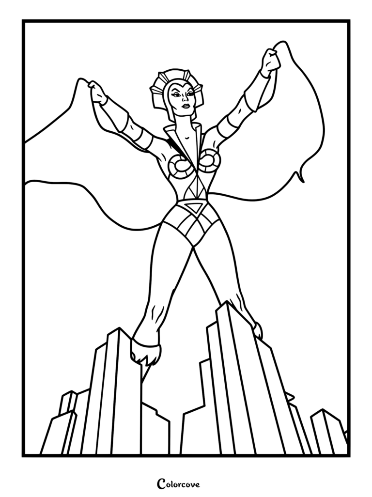 Evil Lyn standing tall over a city skyline in this printable coloring page.