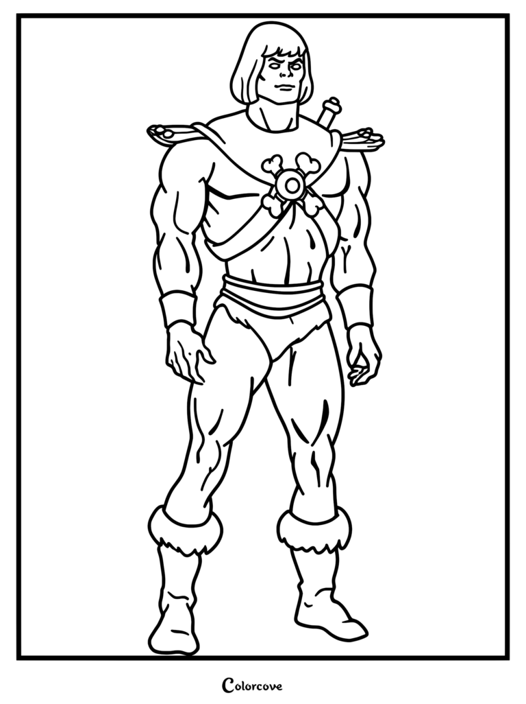 Faker from Masters of the Universe standing in a heroic pose, detailed line art coloring page.