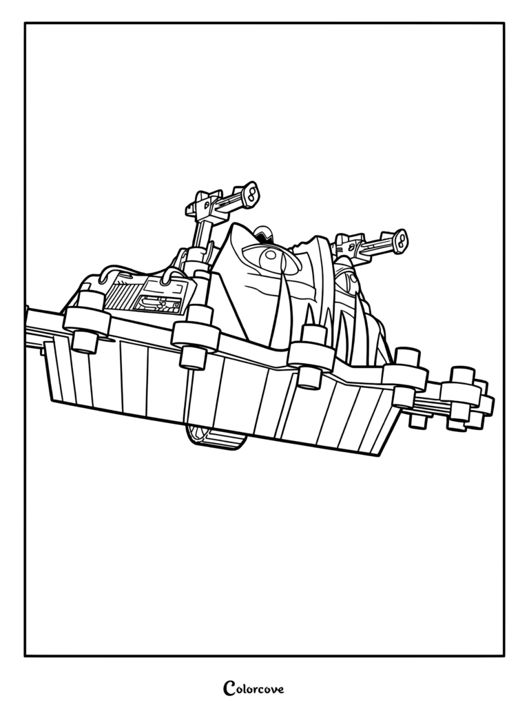 Line art coloring page of the Roton vehicle from Masters of the Universe featuring its iconic spinning saw blade edges and dual top-mounted cannons.