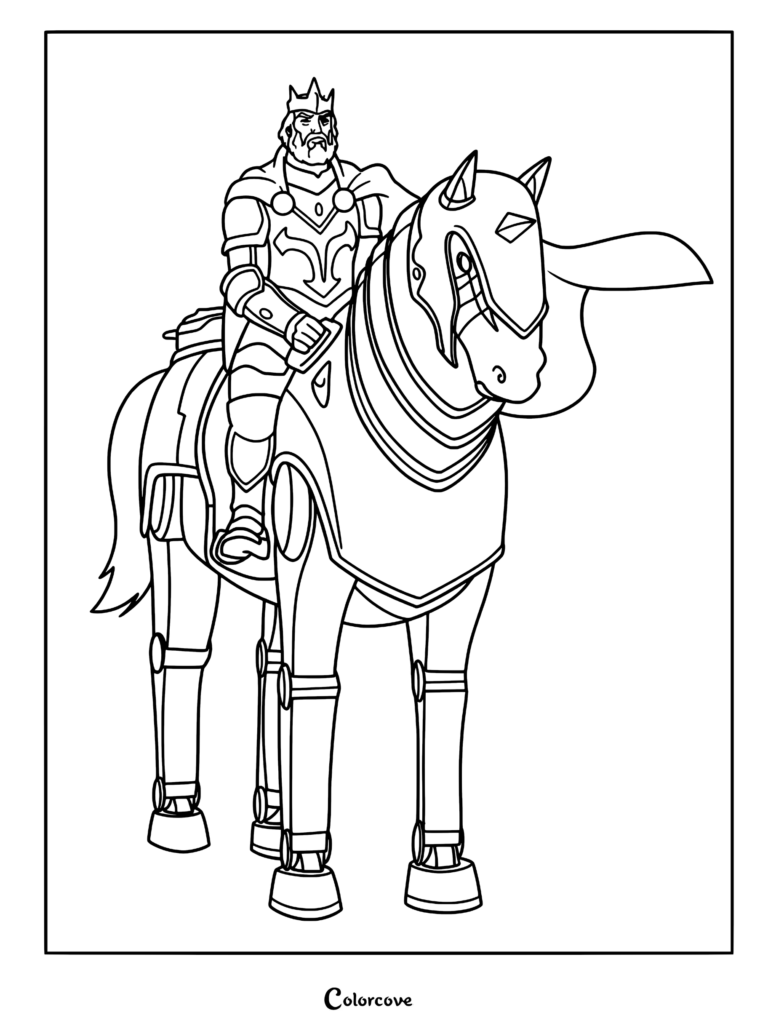 King Randor in royal armor sitting atop the robotic horse Stridor in this detailed line art coloring page.