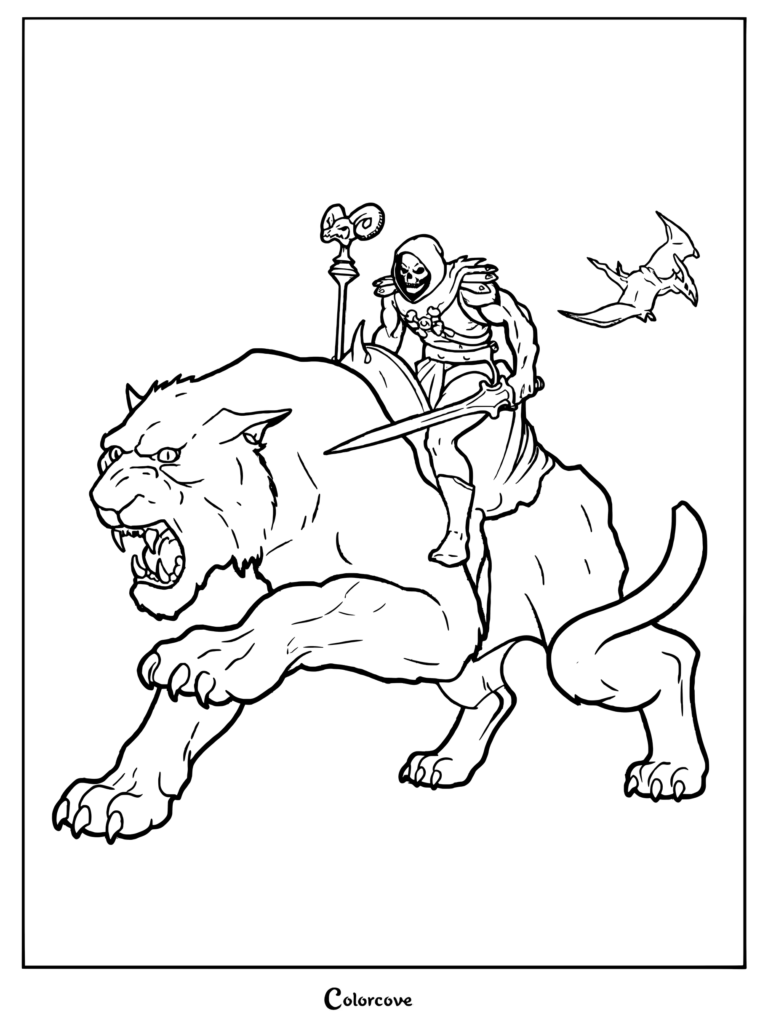 Skeletor riding his purple feline companion Panthor in this Masters of the Universe toy inspired coloring page.