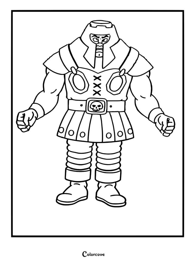 Ram Man from Masters of the Universe standing in a defensive pose, detailed line art coloring page.