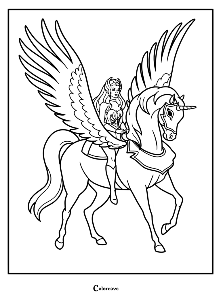 She-Ra sitting on the back of her winged unicorn Swift Wind in this printable coloring page.