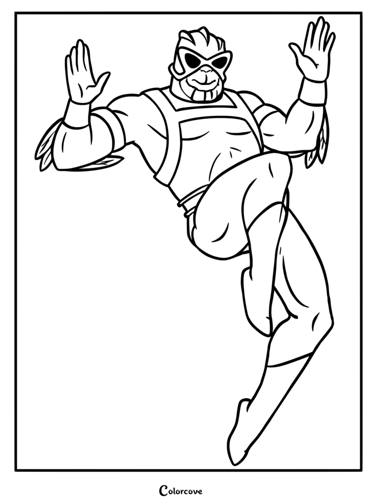 Stratos from Masters of the Universe flying with his jetpack wings in this detailed line art coloring page.