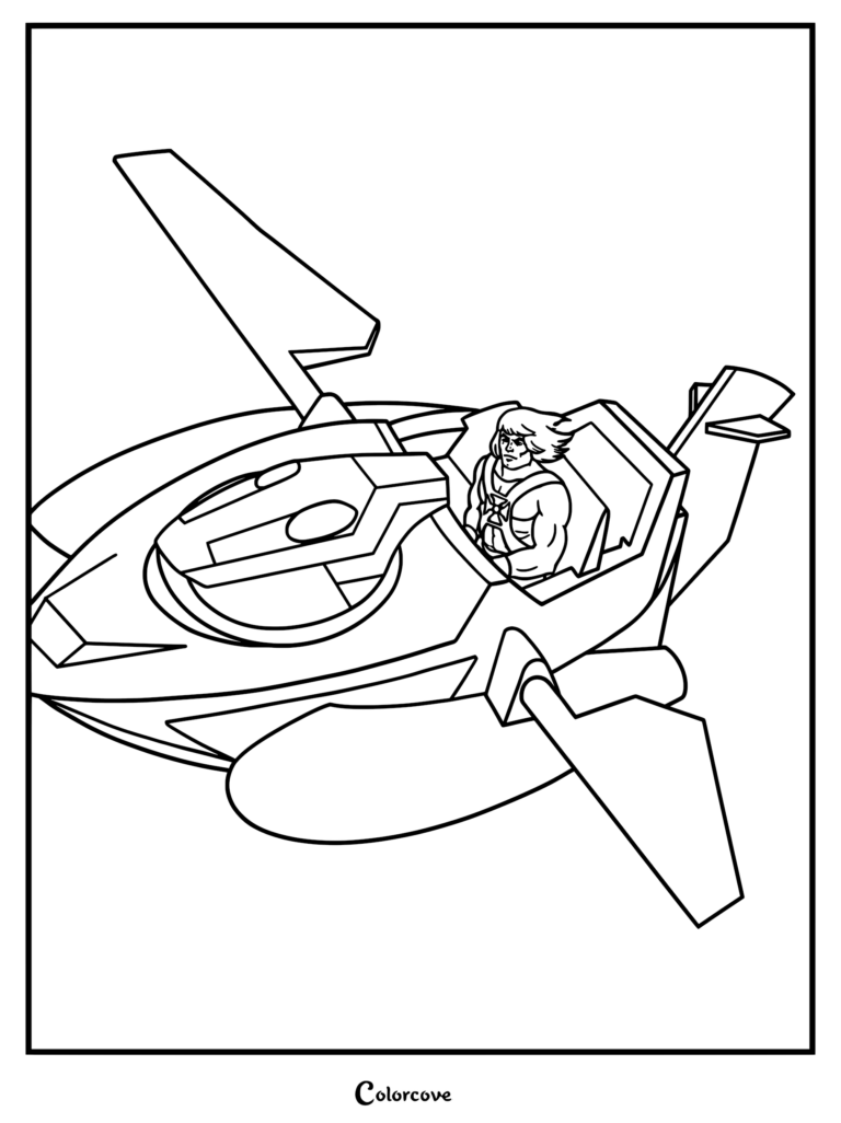 He-Man sitting in the cockpit of the Wind Raider vehicle, line art coloring page.