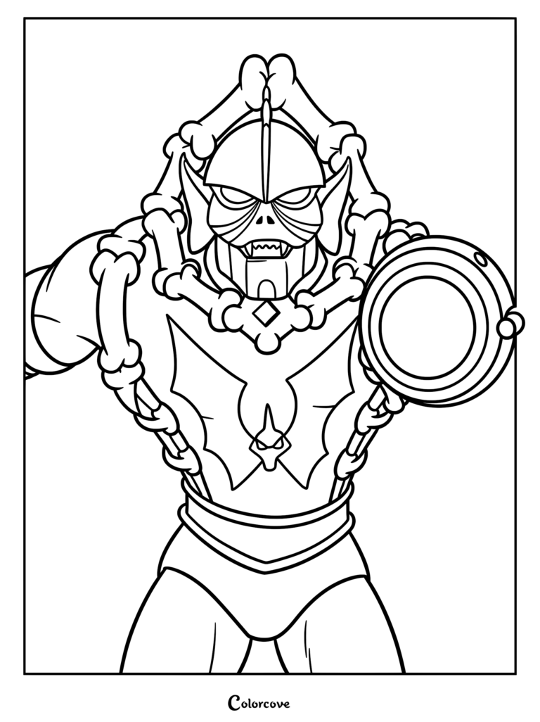 Hordak, the primary antagonist from the She-Ra Princess of Power animated series, shown in a detailed line art coloring page with his signature bat emblem and arm cannon.