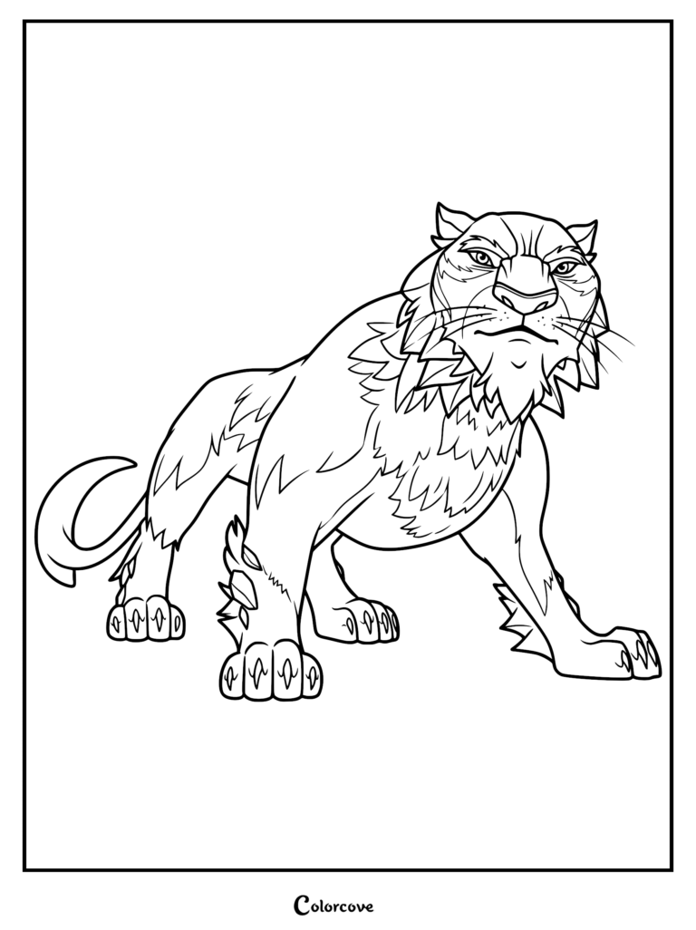 A detailed line art coloring page of Battle Cat from Masters of the Universe standing in a powerful, alert pose with thick fur and sharp features.