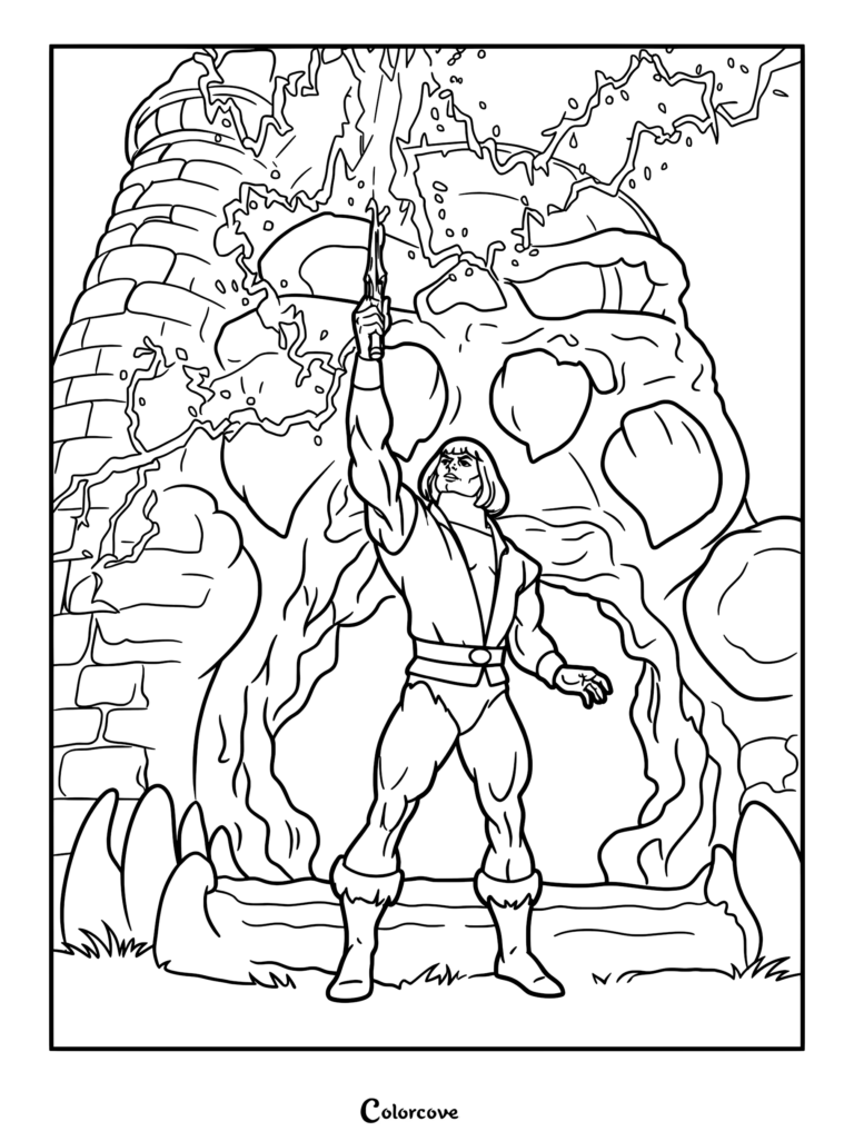 Prince Adam raising his Power Sword to transform into He-Man in front of Castle Grayskull in this printable coloring page.