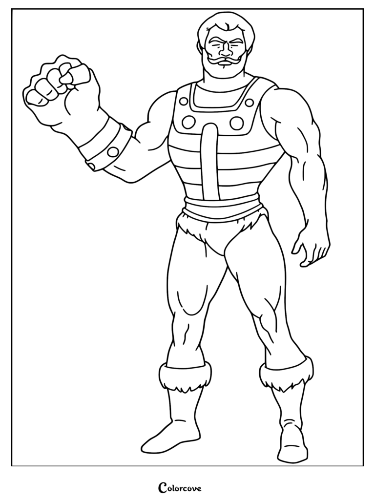 Fisto coloring page featuring the muscular warrior with his signature giant metal fist raised in the air.