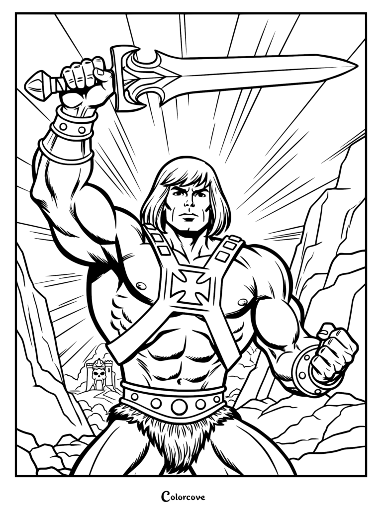 He-Man raising his Power Sword high in the air, wearing his iconic chest harness and fur loincloth, with Castle Grayskull in the background of this printable coloring page.