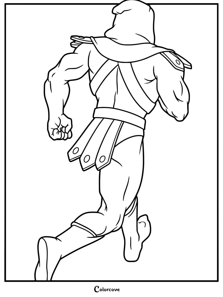 A black and white line art coloring page featuring Skeletor from Masters of the Universe running away, showing his back, hooded cape, and muscular physique.