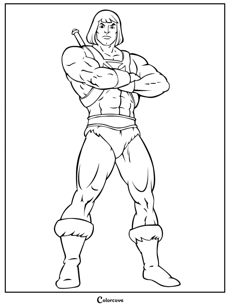 He-Man standing with arms crossed and sword on his back in this printable coloring page.