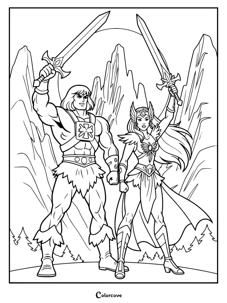 He-Man and She-Ra standing side by side holding their Power Swords aloft in this printable coloring page with a mountain background.