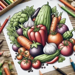 Coloring page with various vegetables, including carrots, peppers, tomatoes, and broccoli, surrounded by colored pencils.