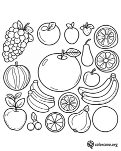 Fruit coloring page featuring apples, oranges, bananas, grapes, and more. Perfect for kids' creative fun!
