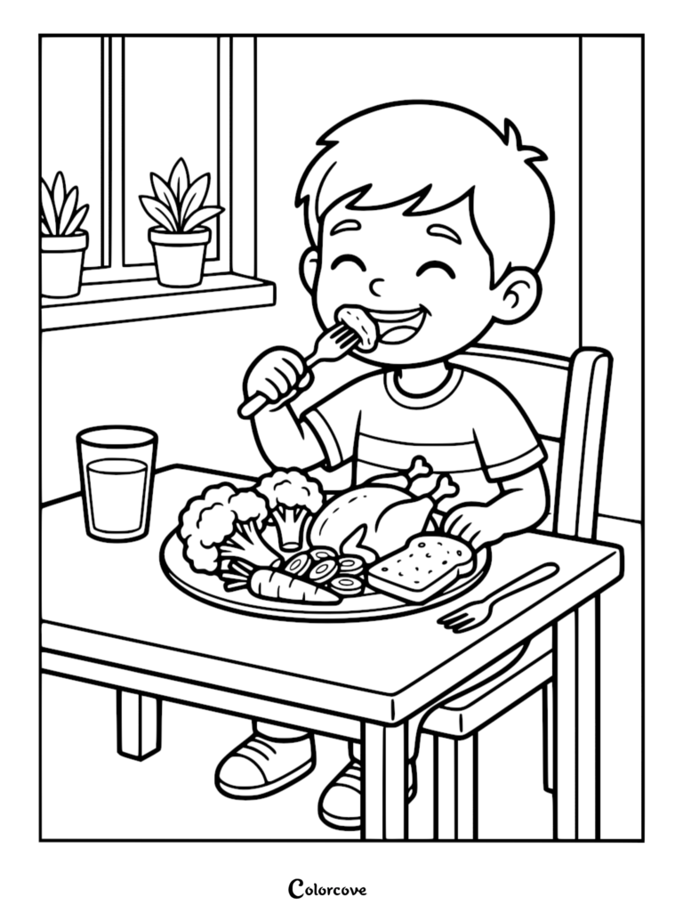 A happy boy eating a healthy meal of chicken, broccoli, and carrots on a coloring page.