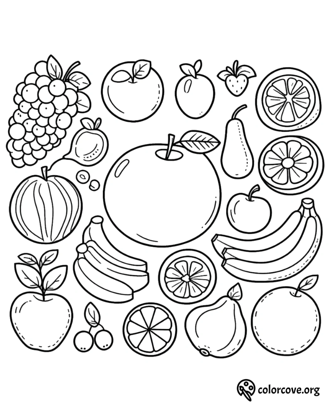 Fruit coloring page featuring apples, oranges, bananas, grapes, and more. Perfect for kids' creative fun!