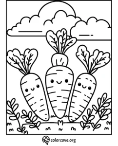 Cute carrot coloring page with smiling carrots and leafy tops, perfect for kids' creative activities.