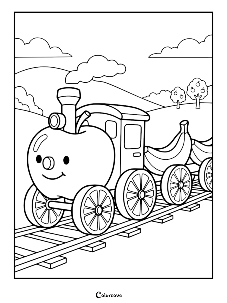 A cute apple-shaped steam train pulling a cargo of bananas on a railroad track in a landscape coloring page.