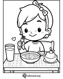 Child coloring page with a happy kid eating breakfast, featuring cereal, apple, and juice on the table.
