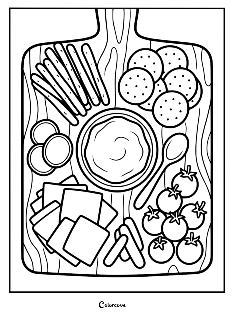 Healthy Food Coloring Pages Free Printable 11 featuring a wooden serving board with crackers, cheese slices, tomatoes, and dip.