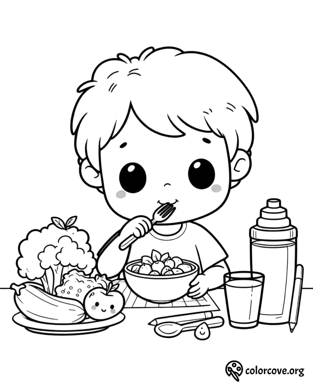 a cartoon of a boy eating