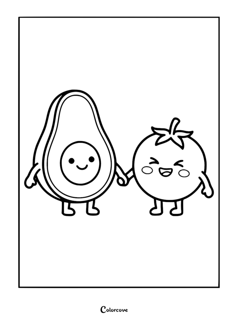 A cute avocado and tomato holding hands in this healthy food coloring page.