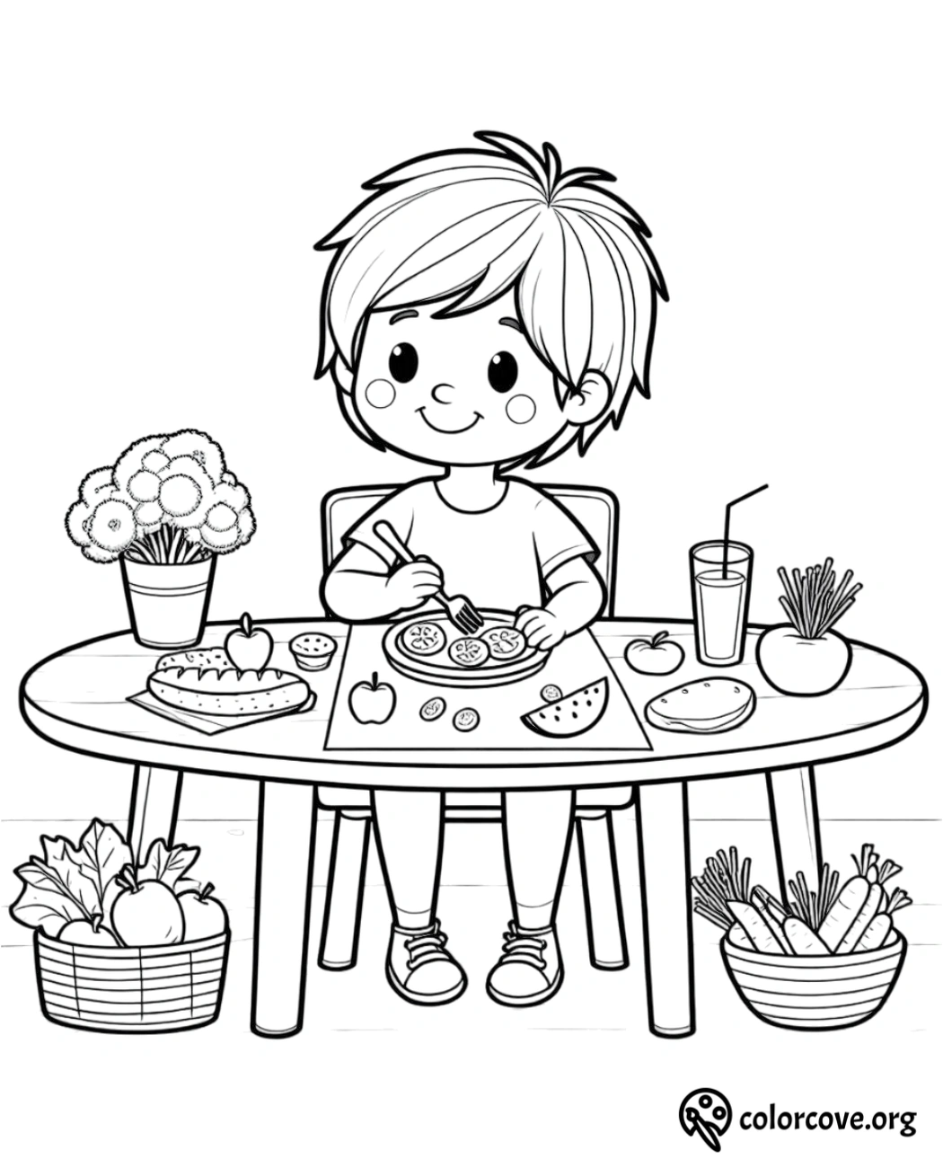 a cartoon of a boy eating at a table