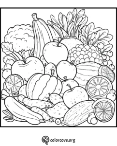 Coloring page of assorted fruits and vegetables, including apples, grapes, and squash, ideal for kids' creativity.