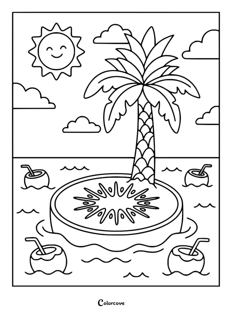A tropical island shaped like a kiwi slice with a palm tree and coconut drinks in the ocean coloring page.