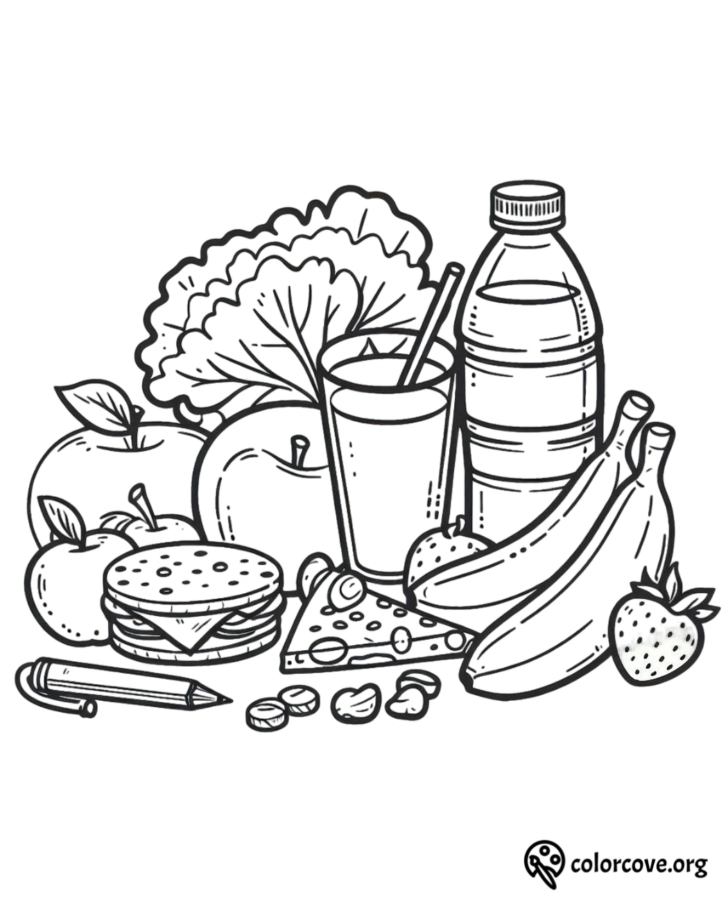 a black and white drawing of food and drinks