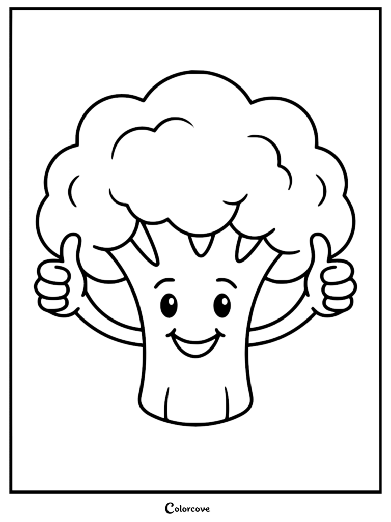 A happy broccoli character giving two thumbs up in this healthy food coloring page.